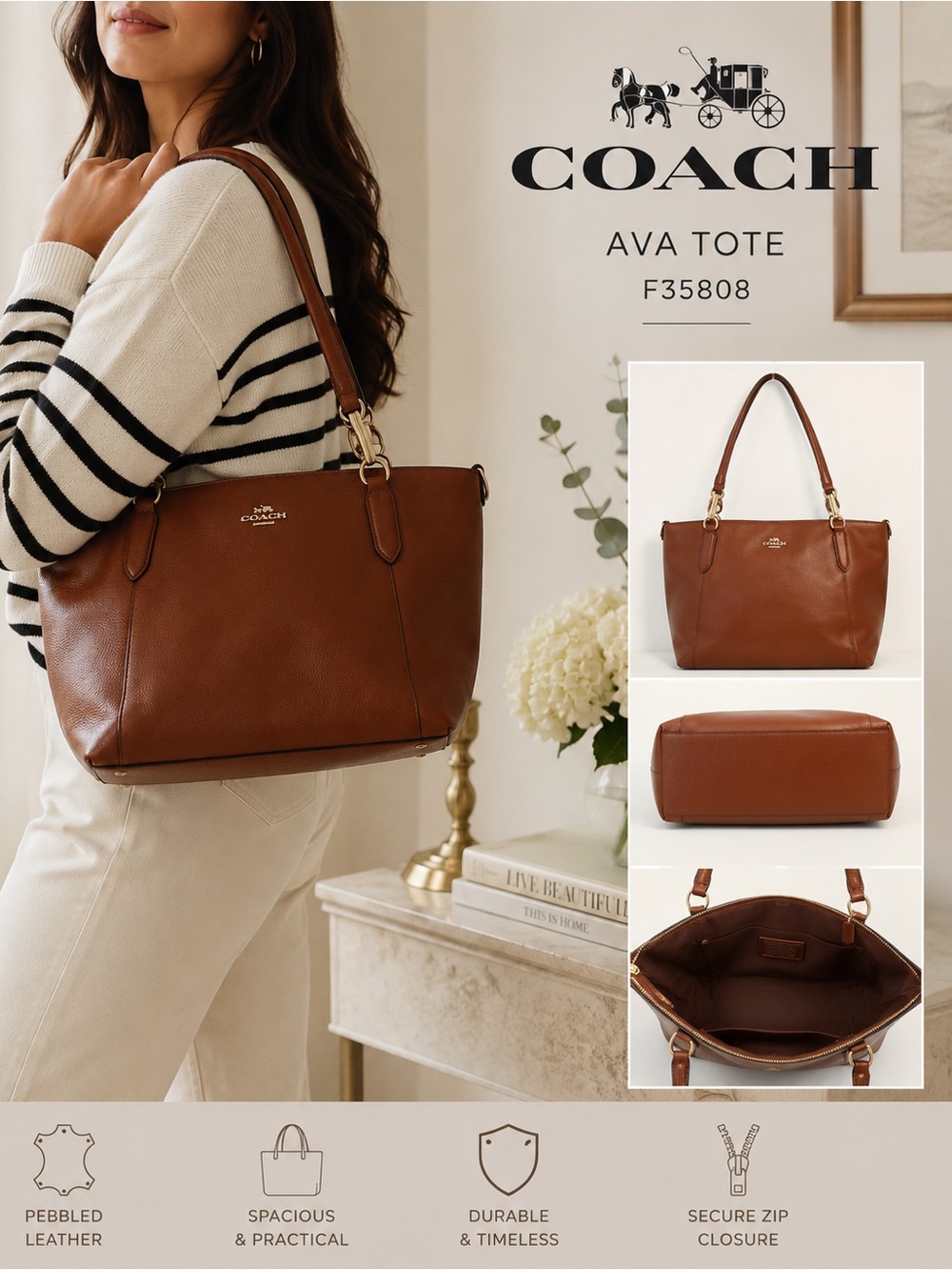 Coach Ava F35808 Brown Leather Large Tote Shoulder Bag